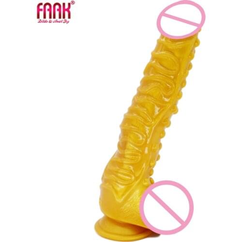 FAAK 2020 new golden color dildo with suction cup bumpy ribbed surface vagina extreme stimulate long penis sex toys for women