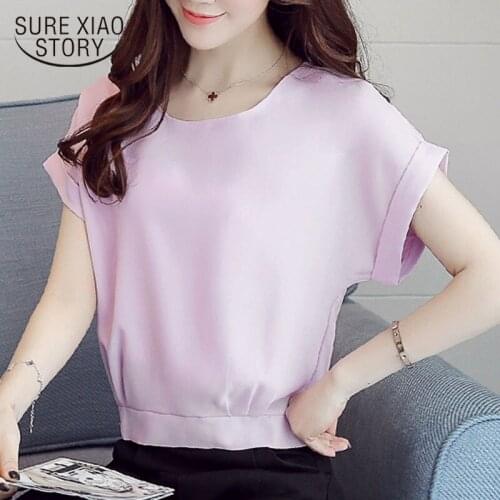 2020 Summer New Solid Color Short Sleeve Round Collar Chiffon Blouse Women Simple White Blouse Summer Tops Chemisier Femme 9539