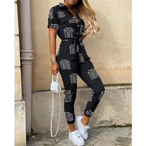 Summer Printed Ladies T-shirt One-piece Pants Urban Fashion Ladies Street Casual Lapel Buttons Ladies Fitness Running Pants
