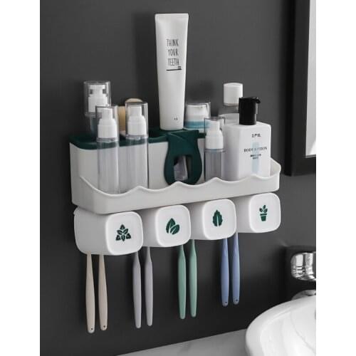 Punching - free wall - mounted washstand set with multi - purpose automatic toothpaste and toothbrush holder J05