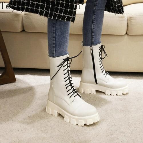 New PU slim beige black brown boots woman platform chunky heels lace-up women martin boots zipper winter shoes plus size 34-43