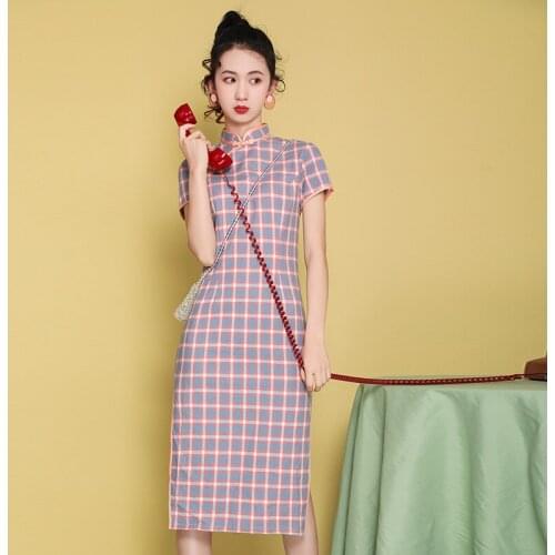 Summer New Art Old Shanghai Retro Republic of China Style Improved Daily Girl Plaid Cheongsam Dress
