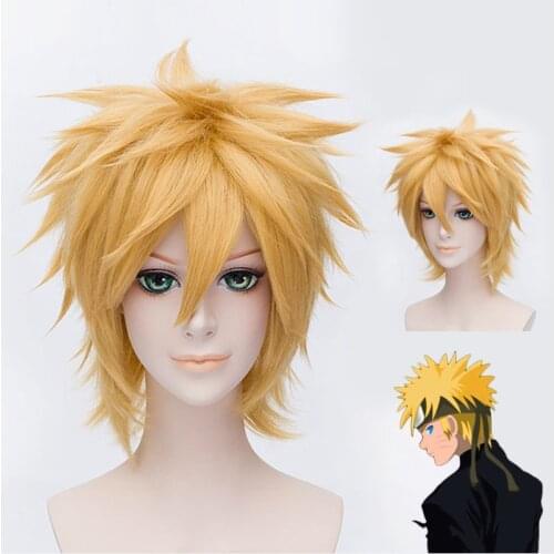 Anime Uzumaki Cosplay Wig Short Golden Flufy Shaggy Layered Heat Resistant Synthetic Hair Wigs + Wig Cap