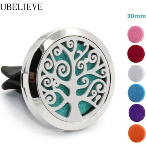 Tree Design 30MM Magnet Stainless Steel Car Aroma Necklace Hollow Round Essential Oil Car Diffuser Pendant With 6pcs Refill Pad
