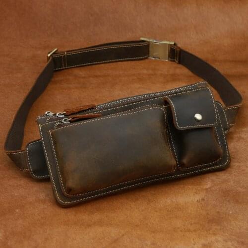 Mens Fanny Waist Pack Sling Chest Bag Real Leather Leg Hip Hop Mini Waist Pouch Male Bum Belt Bag Retro Large Beltbag Neweekend