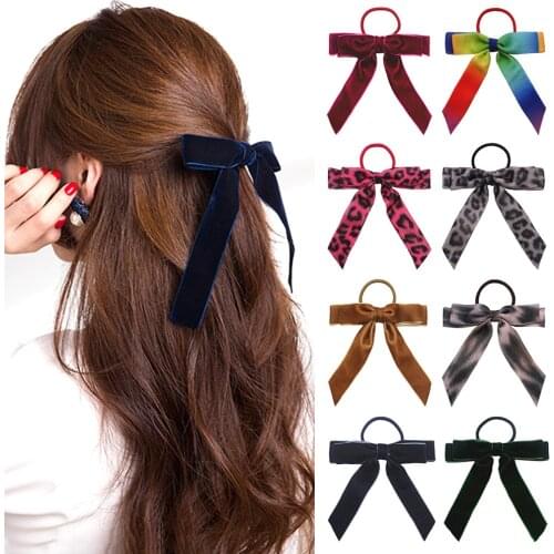 New Fashion Women Velvet Scrunchie Ribbon Bow Hair Rope for Girl Leopard Elastic Hair Band Ponytail Holder Headwear Accessories