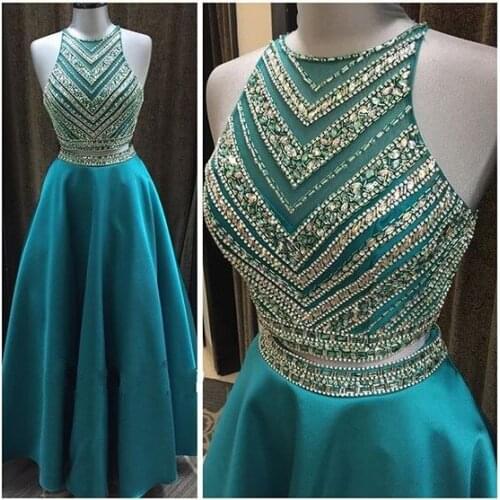 Luxury Crystal Beadings Two Pieces Prom Dresses Long Floor Length 2 Pieces Prom Gowns Sparkly Teal Blue Graduation Dresses