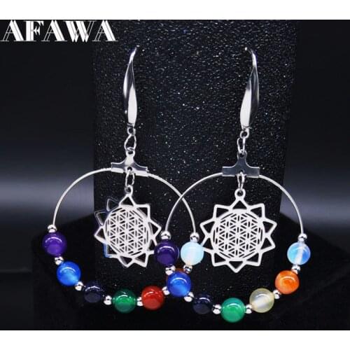 Yoga Colored Beads Natural Stone Stainless Steel Earrings Women Round Flower of Life Earring Jewelry pendientes E613004
