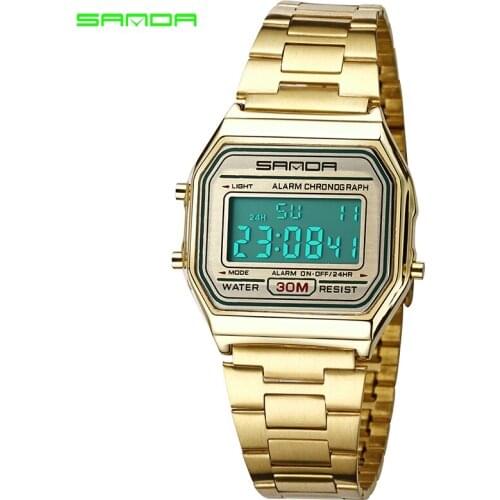 Sanda 405 Brand Men Women Sports Watches Retro Square G Led Alarm Clock Luxury Stainless Steel Waterproof Wrist Watches Relojes