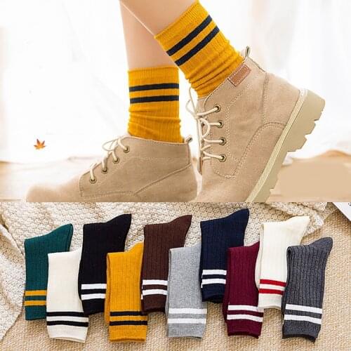 Loose Socks High School Girls Harajuku Socks Solid Colors Version Of The Two Bars Needles Knitting Striped Cotton Socks Women