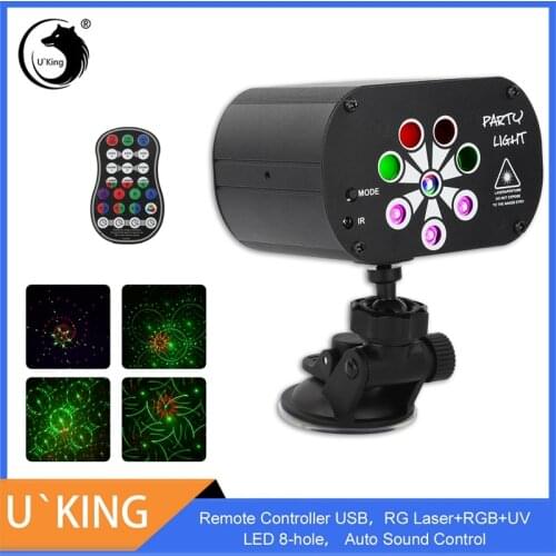 U'King Remote USB Stage Lighting Effect 60 Patterns RGB UV LED 8-hole Laser Projector with Auto Sound Control for DJ Party Show
