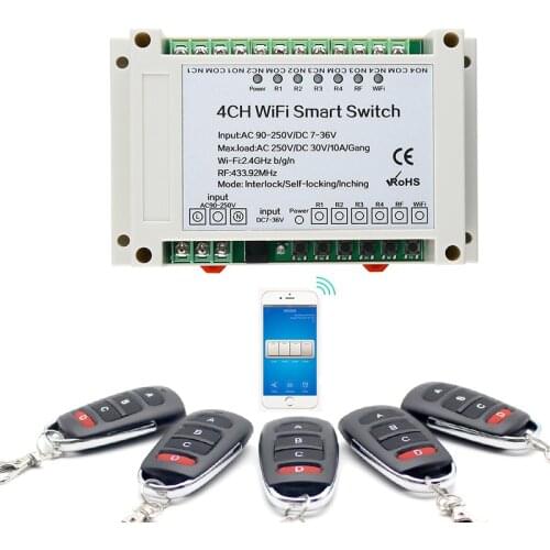 KTNNKG 4CH WIFI Relay Receiver 110V AC 90-250V & 12V DC7-36V Universal Basic Power Switch Wireless Remote Control for Smart Home