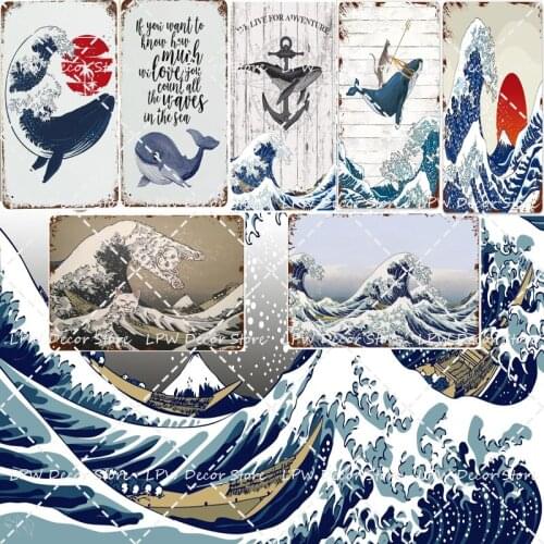 Japanese Wave Whale Vintage Funny Tin Sign We Live for Adventure Retro Poster Plaque Metal Sign Wall Decor for Kitchen Bar House