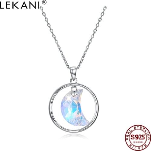 LEKANI 925 Sterling Silver Necklaces For Women Round Moon Orange Austria Crystal Setting Wedding Female Pendent Fine Jewelry
