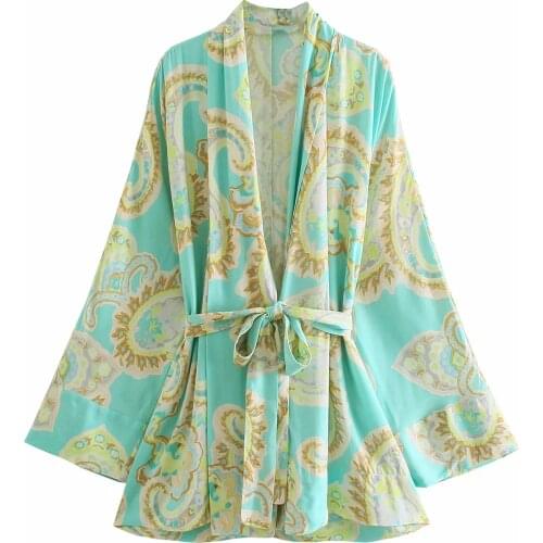 ZA New Spring Autumn Women Retro Floral Print Simple Style Loose Long Sleeve Kimono Shirt Casual Chic Tops With Belt XITIMEAO