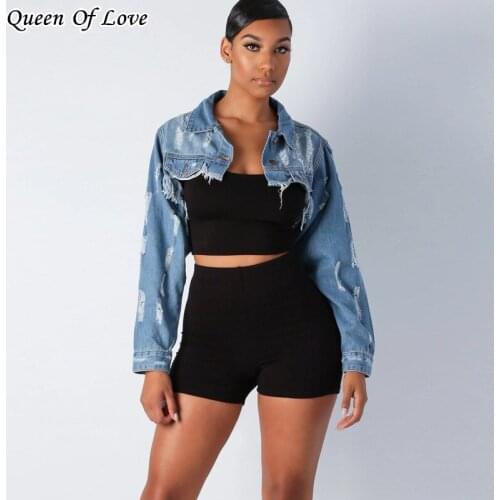 Tassel Ripped Cropped Jean Jacket Women Autumn hole Long Sleeve Denim Jacket Streetwear Short Denim Coat Female Outwear