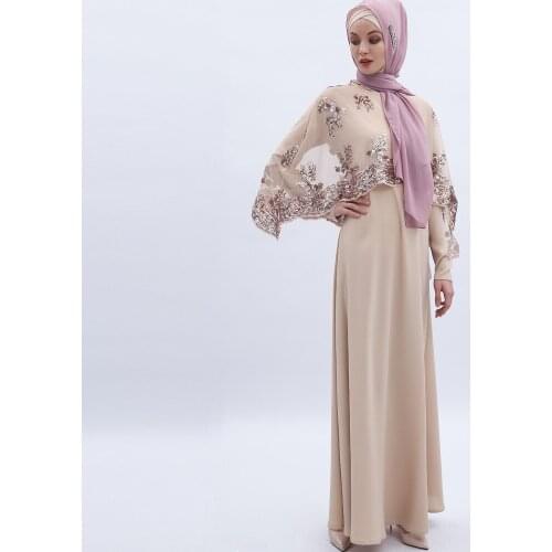 Two Piece Set Dubai Sequin Embroidered Skirt Cape Long Dress Muslim Women Burkha Abayas Hijab Lace Turkish Islamic Clothing XL