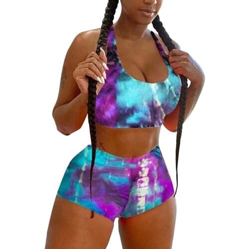 Womens Fashion Casual Two Piece Set Tie Print Dyed Sleeveless Vest Sports Shorts Suit Sexy Backless Set Roupas Feminina #P3