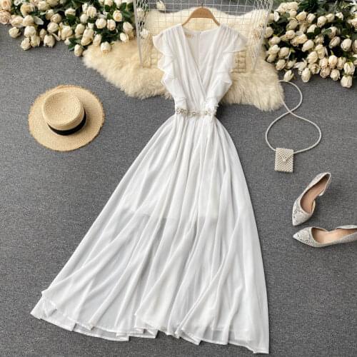 Women Sexy Chiffon Maxi Dress Sleeveless V Neck Solid A-line White Dresses Summer Fashion Streetwear Long Party Dress
