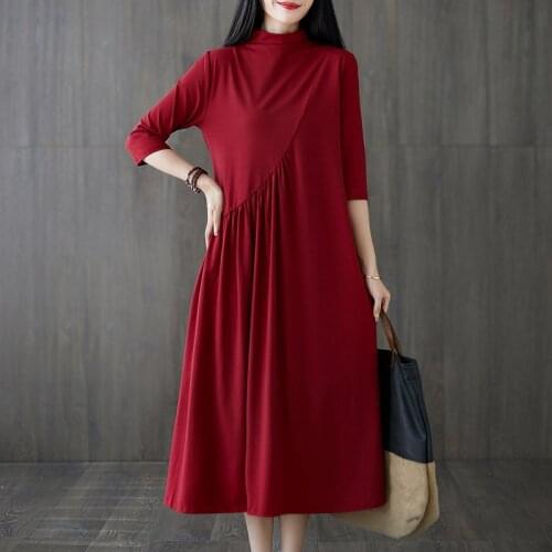2021 New Knitted Cotton Basic Autumn Winter Dress Patchwork Half high Collar Office Lady Work Dress Women Casual Spring Dress