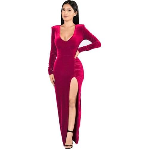 Women Sexy Corduroy Maxi Dress High Split Long Dress Solid V Neck Autumn Winter Evening Party Club Floor Velvet Dresses Vestidos