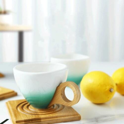 2020 European Coffee Travel Mug Set Gradual Ceramic Coffee Cup Creative Bamboo Handle Bamboo Mat Office Tea Coffe Mugs Drinkware