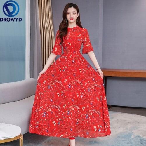 2021 Design Girls Fashion Chiffon Long Dress Womens Summer Holiday Beach Sleeve Slim Dress Flower Dinner Printing Party Dresses