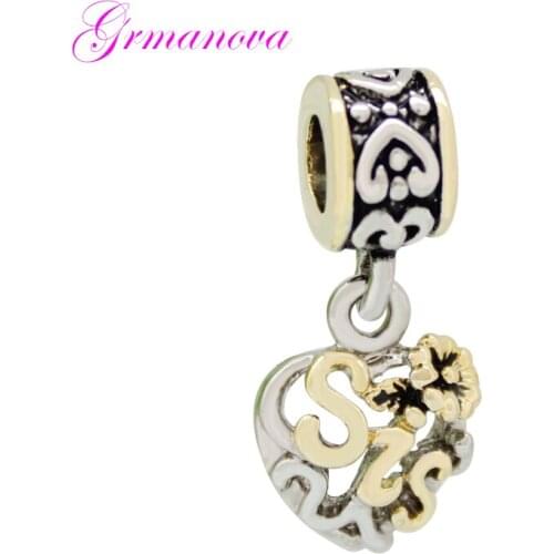 Golden Flower Sis Pendant Stitching Heart Shape Love European Big Hole Charm Bead Amule Fit Pandora Bracelet Womens DIY Jewelry