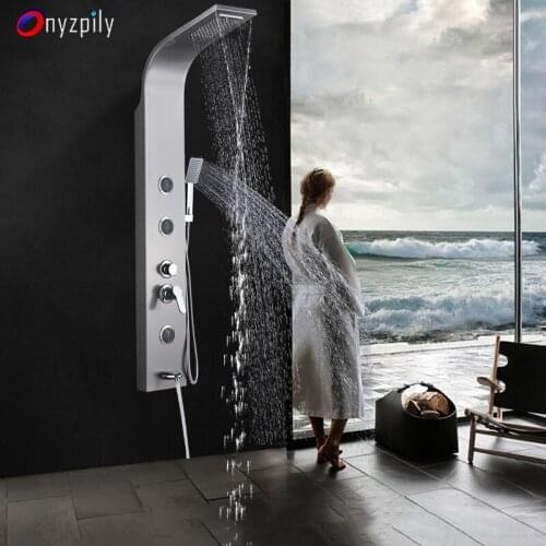 Onyzpily Shower Panel Rainfall Waterfall 5 Functions Shower Jets Nickel Tower System Massage Body Jets Hand Shwoer Tub душевая п
