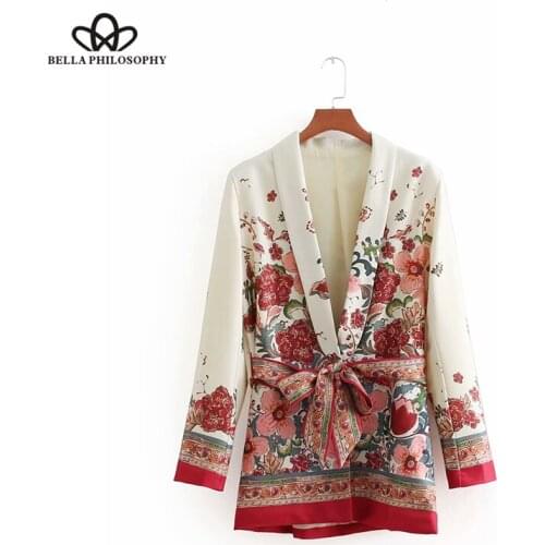 HStar 2020 Spring Long Sleeve Retro Chic Floral Print V-Neck Blazer Bow Tie Sashes Female Outerwear Office Lady Coat