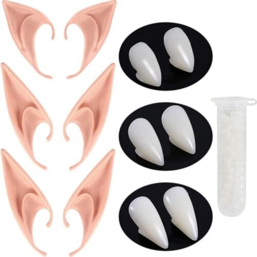 Artificial Elf Ears Halloween Party Decorations Vampire Teeth Fangs Dentures Props Elf Ears Costume Halloween Cosplay Decors