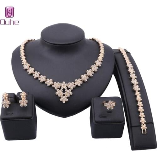 Women Party Bridal Crystal African Beads Jewelry Sets For Wedding Dinner Dress Necklace Earring Bracelet Ring Jewelry Set