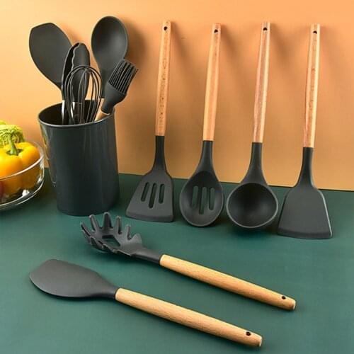 11 pcs Silicone Kitchen Utensils Set Candy Color Wooden Handle Kitchen Tools Home Baking Tool Kitchenware Kitchen Accessories