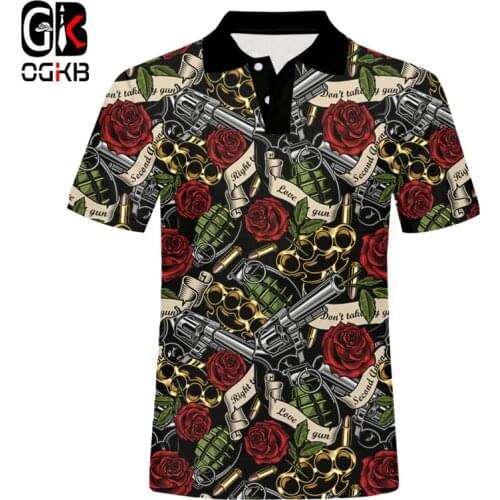 OGKB EU Size Hip Hop 3D Polo T Shirt Gun And Red Rose Print Mens Polo Shirts Summer Quality Short Sleeve Harajuku Top Drop Ship