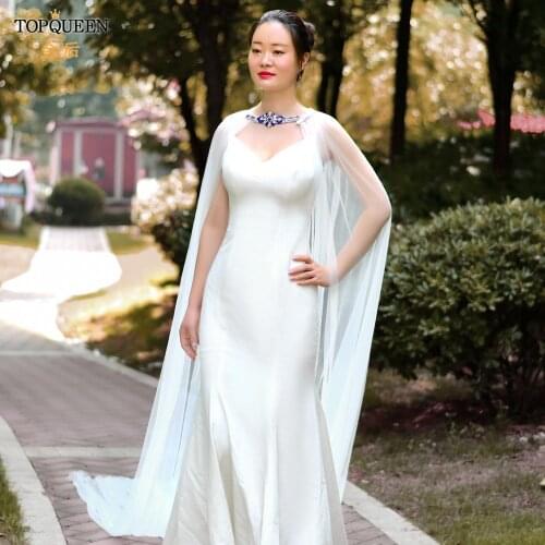 TOPQUEEN G28 Luxury 3M Long Wedding Shawl Tulle Blue Rhinestone Bridal Cape Cloak Shawl Cover over the Shoulder for Formal Party