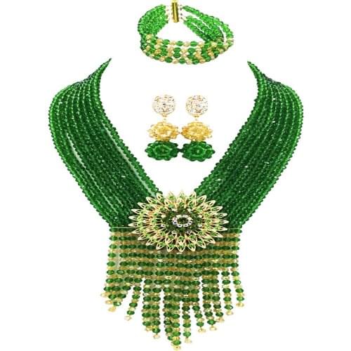 Green Champagne Gold AB African Jewelry Set Crystal Beaded Necklace Bracelet Earrings Nigerian Wedding Party Jewelry Sets 8SK10