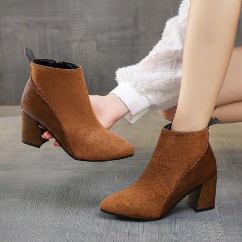 2021 Womens Boots Square Toe Yarn Elastic Ankle Boots Thick Heel High Heels Shoes Woman Female Socks Boots 2019 Fall Winte