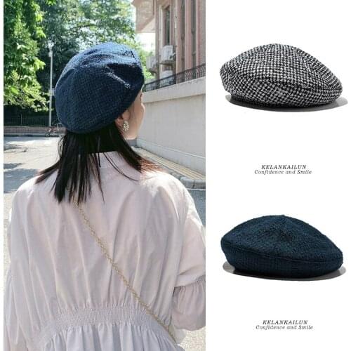 Women Black Beret Houndstooth Cap Summer Style Vintage Artist Hat Plaid Cotton Beret Hat Painter Cap Gorras