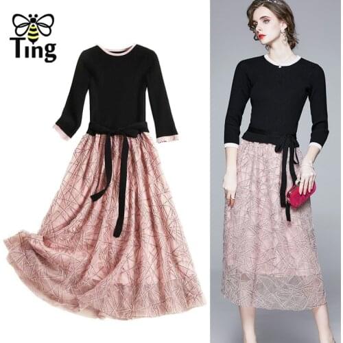 Tingfly Vintage Elegant Womens Casual Dress Knitting Patchwork Embroidery Half Sleeve Street Fashion Dress Lady Robes Clothing
