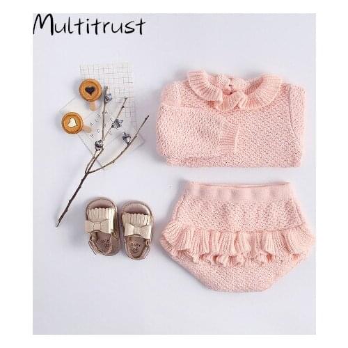 2020 Baby Clothes Newly Winter Girls Clothes Sets Ruffles Long Sleeve Solid Knit Sweater Tops Shorts 2pcs 0-3