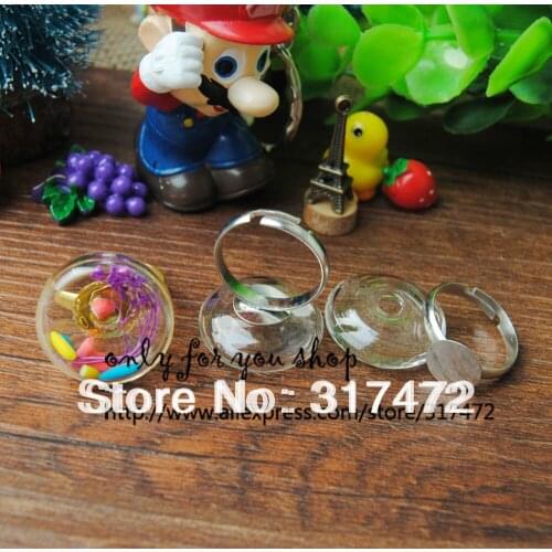 Free ship! 20MM round Glass Bubble vial pendant & Adjustable Ring DIY Glass Vial pendant ring Glass Liquid Bubble Ring