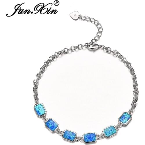 JUNXIN White Gold Filled Geometry Blue Fire Opal Bracelets For Women Adjustable Chains Bangles Female Engagement Jewelry Gifts