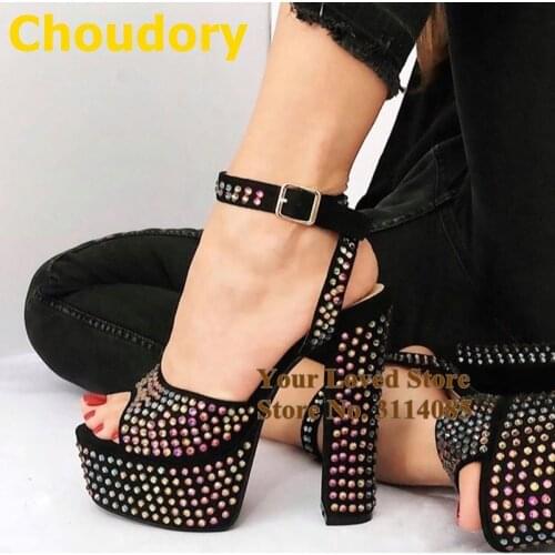 Choudory Black Red Chunky Heel Crystal Sandals Platform Bling Bling Rhinestone Wedding Shoes Buckle Strap Glittering Party Shoes