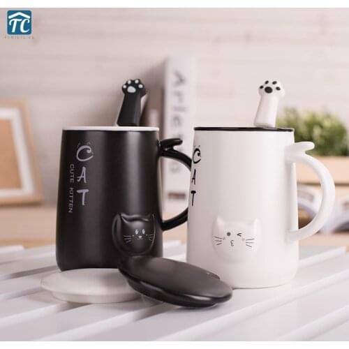 Cute Cat 400ml Ceramics Coffee Mug With Lid Milk Breakfast Mugs Home Office Cup Coffee Tea Cups