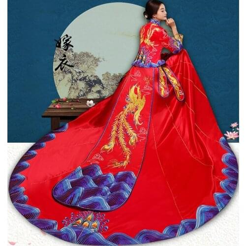 Chinese dragon phoenix Suzhou Embroidery gown Fashion show High Quality China traditional elegant bride wedding cheongsam dress