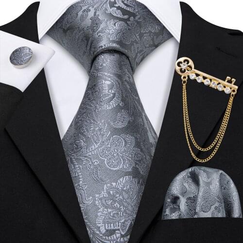 Classical Men Tie Gray Floral Striped Jacquard Silk Tie Necktie Handkerchief Cufflinks Brooch Set Wedding Party New Fashion