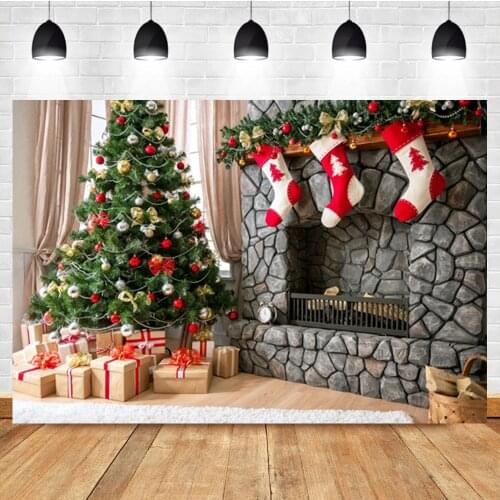 Laeacco Christmas Tree Red Fireplace Socks Gifts Birthday Photo Photography Background Photographic Backdrop For Photo Studio