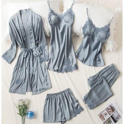 Summer Pajamas Women Pijama Mujer 5 Pieces Sexy Ladies Pyjama Sleepwear Women Pajamas Set Sleep Lounge with Chest Pads Home Wear