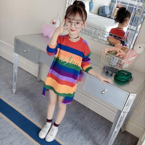 Hot Girls Long Sleeved Dresses Childrens Spring & Fall Trendy Rainbow Striped Princess Dress Female Kids One Piece Clothes B42
