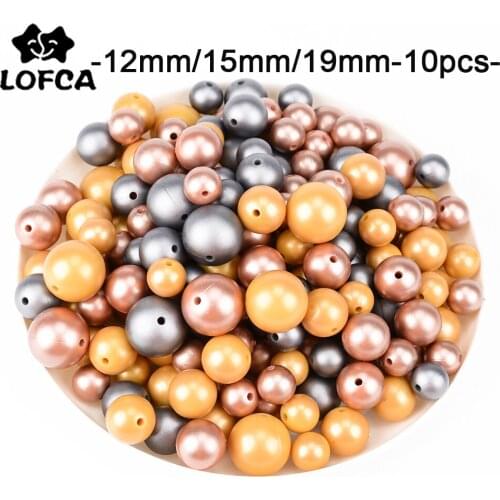 LOFCA 10Pcs metallic silver Print 12/15/19mm Silicone Loose Beads DIY Chewable Teething Beads BPA Free Baby Teether